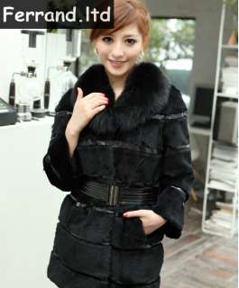 New Real Genuine Rabbit Fur Coat/Jacket/Vest with Fox Collar Women 