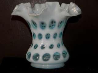 Fenton Blue Opalescent Coin Dot Fluted Vase (608)  