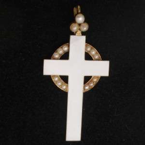 18k Yellow Gold & Enamel Cross Pendant w/ Pearls Vintage Lovely  