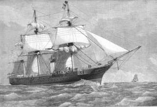SHIPS HMS Tourmaline at sea. Old Antique Print.1876  