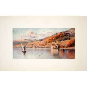  1908 Color Print Montreux Switzerland Lake Sailboat Autumn 