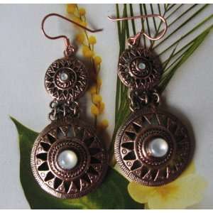 Solid Copper dangle earrings with mother of pearl and pearl beads. TM 
