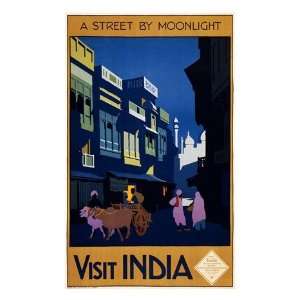 Visit India, a street by moonlight, travel poster 1920 Poster (18.00 x 