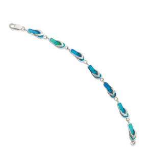   Sterling Silver 7in Created Blue Opal Inlay Sandal Bracelet Jewelry