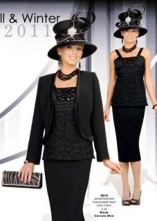 Champagne Italy 4019 Black or Blue Beaded 3 pc Church Dress Suit sizes 