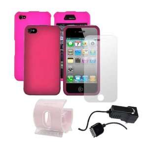  For iPhone 4 Pink Hard Cases LCD Film Travel Charger Combo 