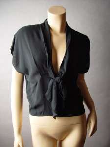 BLACK Sailor Tie Neck Low Cut Sophisticated Boxy Fit Crop Cropped Top 