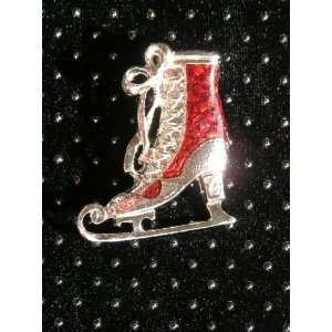  Ice figure skating pin silver red skate boot pin 
