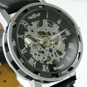  Silver & Black Automatic Mechanical Men Leather Watch 