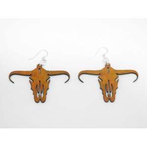  Tangerine Long Horn Skull Wooden Earrings GTJ Jewelry