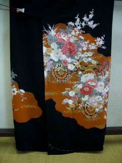 NW 91221E Vintage Japanese Black Kimono TOMESODE Silk F  