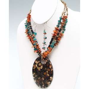   Orange Turquoise & Gold Acrylic Beads Shells & Seed Beads Necklace