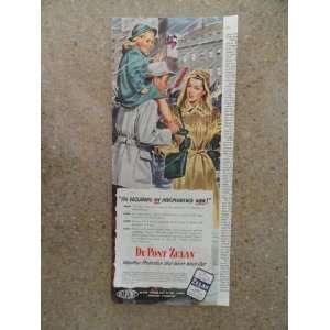 DuPont Zelan weather protection,Vintage 40s print ad (man/woman/girl 