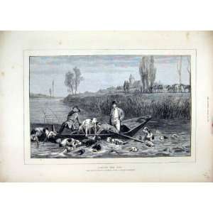   1872 Landing Stag Hunting Dogs Boat River Horses Print