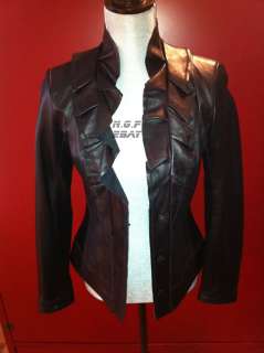Tahari Lux Ruffled Black Detailed Soft Leather Top Jacket XS  