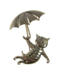 Edward Gorey Umbrella Cat Pin Brooch Sterling Silver  