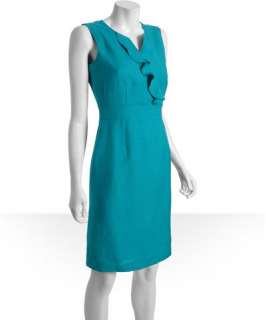 Tahari ASL aqua linen blend ruffle neck sleeveless dress
