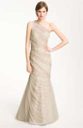 ML Monique Lhuillier One Shoulder Tulle & Lace Overlay Gown $798.00