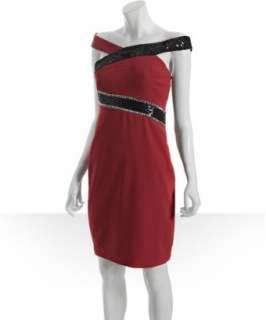 Nicole Miller red stretch silk embellished off the shoulder dress 
