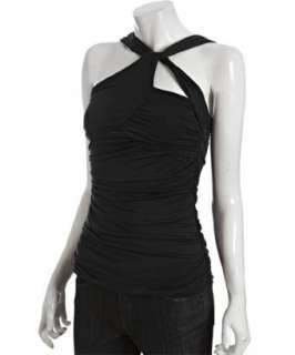 style #315077001 black jersey asymmetrical ruched top