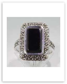 Onyx and Marcasite Ring   Sterling Silver Size 8  