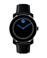 Movado Watch, Swiss Bold Large Blue Accent Black Leather Strap 42mm 