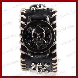 Star Loves Punk Rock Pirate Skull Leather Band Unisex Bracelet Wrist 