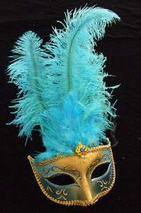 SHOWGIRL OSTRICH Feather Mask Blue & Gold & Teal Party  