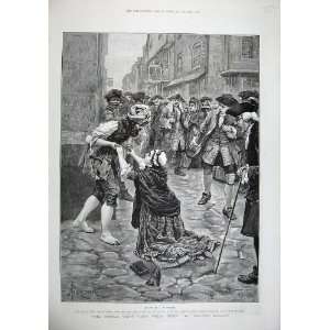 1886 Fine Art Forestier Woman Begging Street Men Houses  