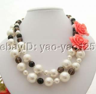 Charming  2Strds Shell Pearl&Onyx&Smoky Quartz&Coral Flower Necklace
