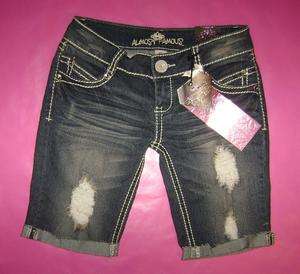 NWT Almost Famous Low Destroyed Rhinestone Bermuda Jean Shorts #1700 