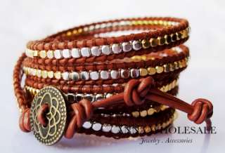 Wholesale Womens Men Silver/Gold Mix beads Leather stand Cuff wrap 