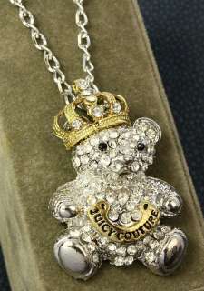 2pcs crown swarovski crystal golden & clear bear chain necklace new 