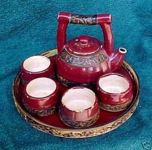 Pier 1, Earthenware 7 Piece Tea Set, Red ,Teapot & 4 Cups  