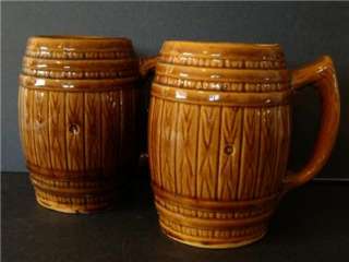 1920s Brown Barrel Pottery Ale Steins Stoneware Beer Mugs ~Pair 