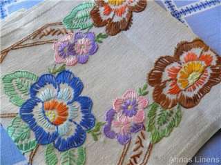 Long Vintage Linen Table Runner Hand Embroidered Flowers 120cm  