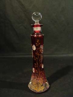 HUGE ANTIQUE MOSER CRANBERRY ART GLASS PERFUME BOTTLE, ENAMELED 