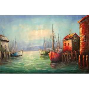   Made OIL Painting 24 X 36 Sea Landscape Port Boat