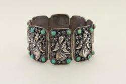 ANTIQUE CHINESE SILVER TURQUOISE EIGHT IMMORTALS PANEL BRACELET  