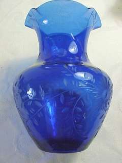 Vintage Etched Cobalt Glass Vase Ruffle Top  