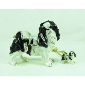 Japanese Chin Dog Figurine Collectible Jeweled Hinged Trinket Box W 