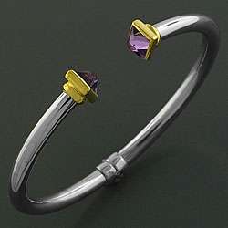 Stainless Steel/ 18k Gold Amethyst Cuff Bracelet (Italy)   