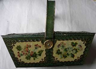 Antique Litho Biscuit TIN Embossed Floral Basket Handle Sewing Box 