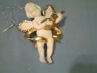 WHITE ANGEL CHERUB WITH GOLD ON WINGS PLAYING LYRE PLASTIC CHRISTMAS 