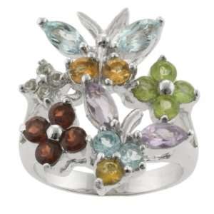  Silver Multiple Gemstone Flower Butterfly Ring, Size 9 Jewelry