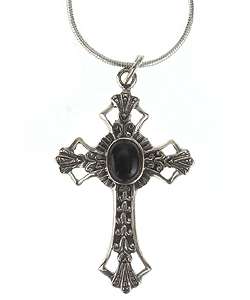   Essentials Sterling Silver 24 inch Black Onyx Cross Pendant Necklace