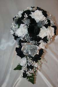 Bridal Bouquet Black Silver Silk Flower Wedding Silk Flowers 