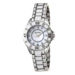 Bulova Womens Stainless Steel and White Ceramic Diamond Watch 