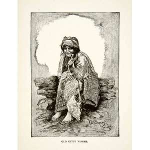Engraving Elderly Gypsy Woman Costume Ethnic Art Pipe Peasant Poverty 