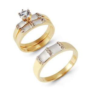  14k Yellow Band White Gold Accented CZ Wedding Ring Set Jewelry